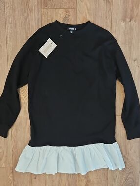 Missguided + Black Dress/ Sweatshirt with White Ruffle Hem